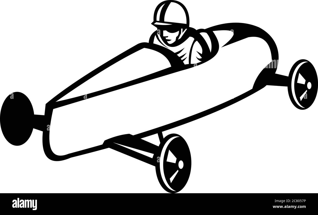 Illustration rétro en noir et blanc d'une boîte à savon derby ou d'une voiture de course soapbox en compétition, vue de côté sur un angle élevé sur un whi isolé Illustration de Vecteur