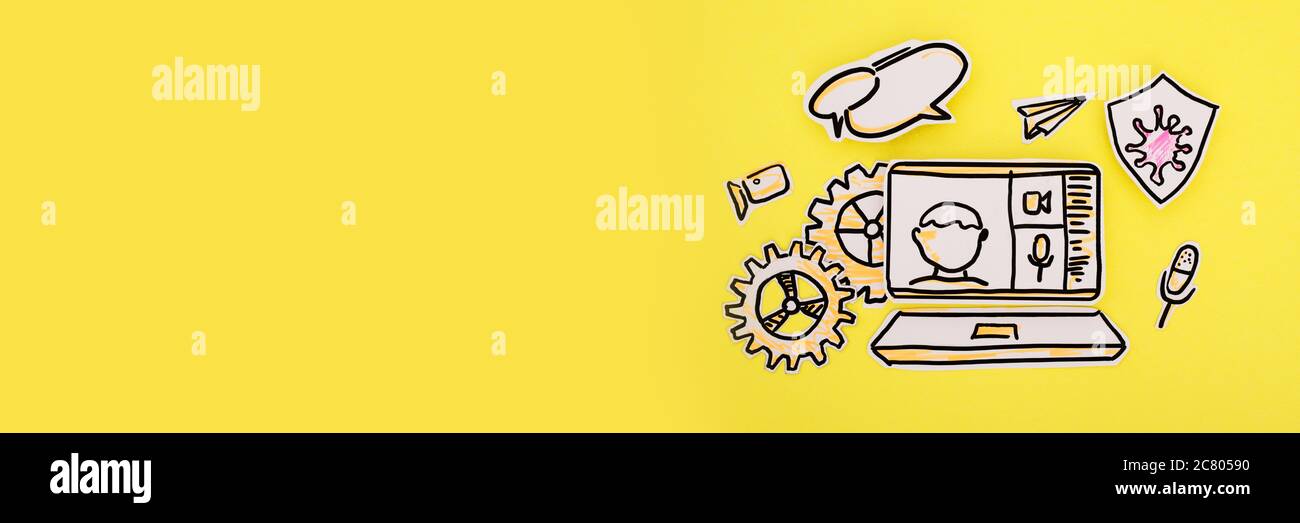 Icônes papier de personnes, communication et conférence en ligne sur jaune. Banque D'Images