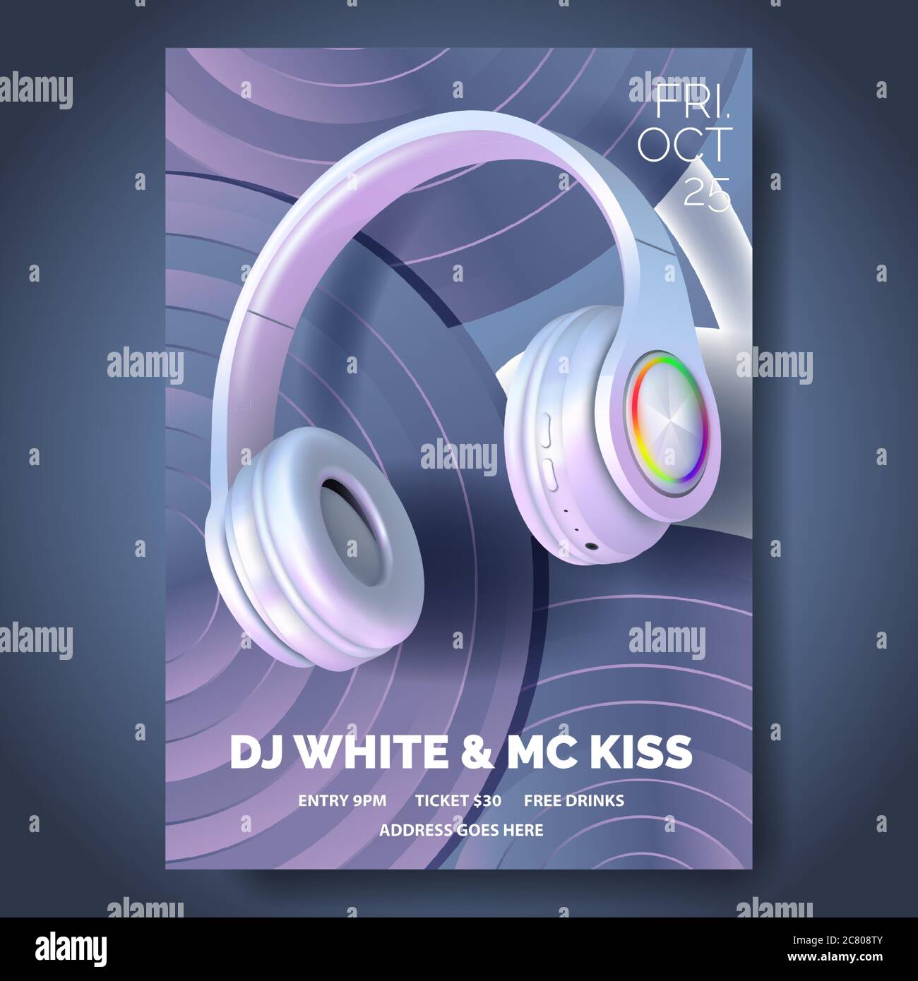 Poster Club avec casque, fête de danse, prospectus fluide, invitation, modèle de bannière, événement musical dj, casque blanc et perle coloré, vecteur Illustration de Vecteur