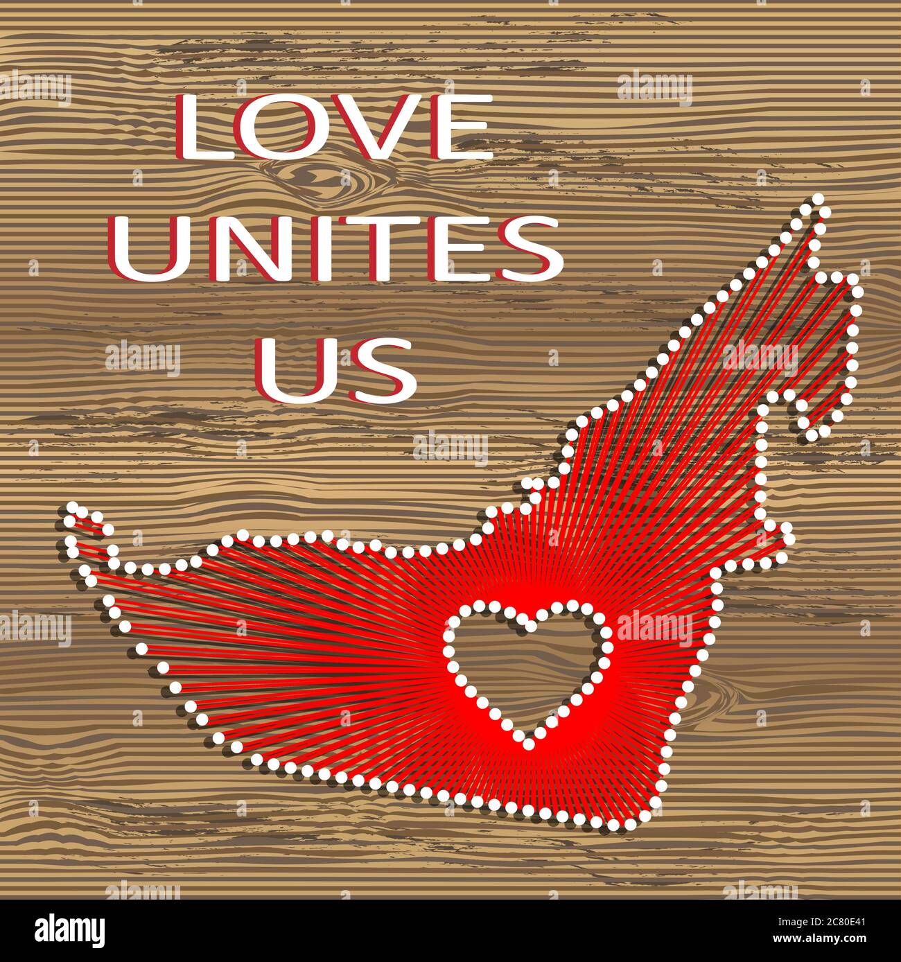Carte vectorielle d'art des émirats arabes Unis avec cœur. Ficelle, fil et broches sur texture bois. L'amour nous unit. Message d'amour. Carte d'art des Émirats arabes Unis Illustration de Vecteur