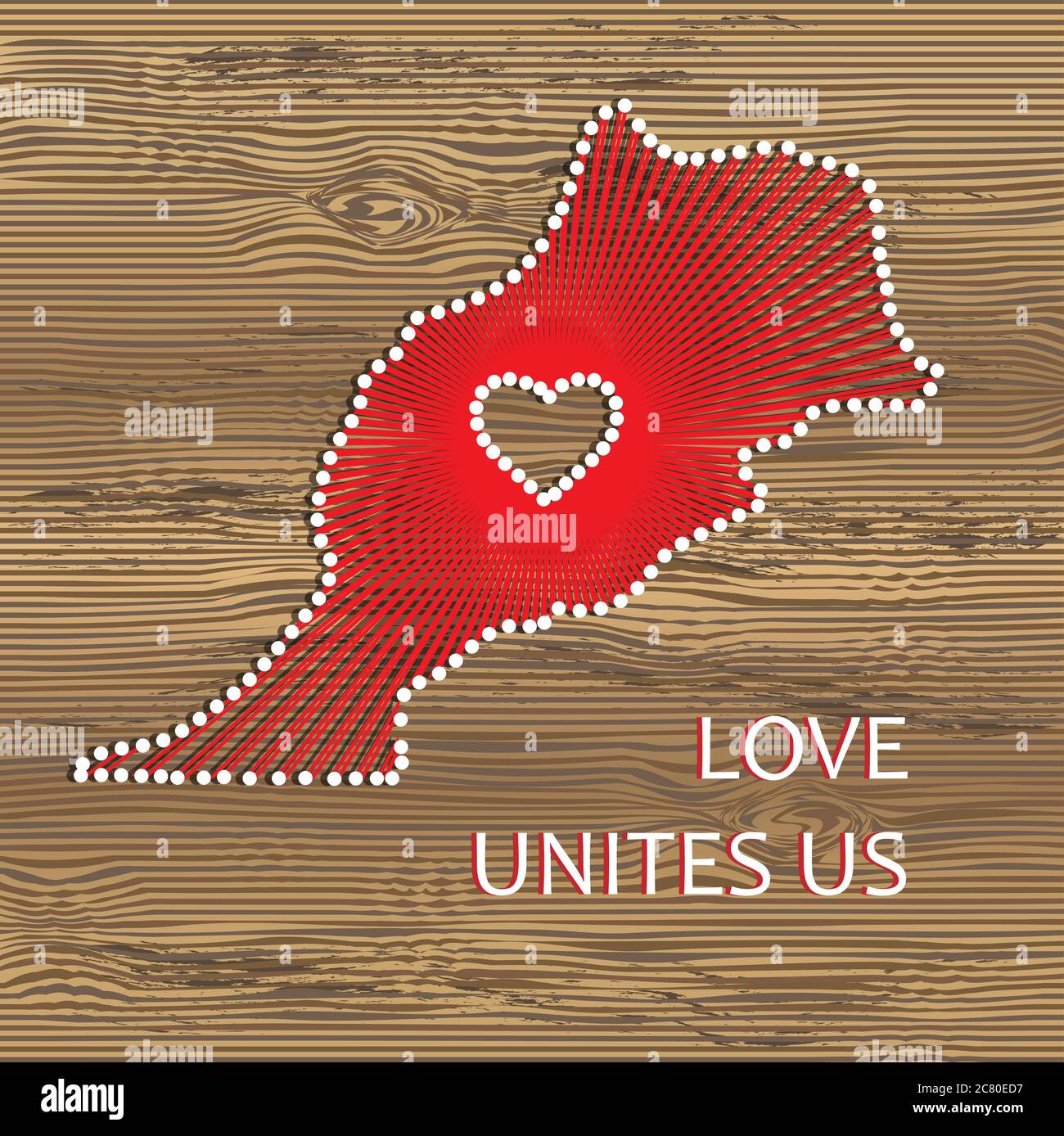 Carte vectorielle Maroc avec coeur. Ficelle, fil et broches sur texture bois. L'amour nous unit. Message d'amour. Carte d'art du Maroc Illustration de Vecteur