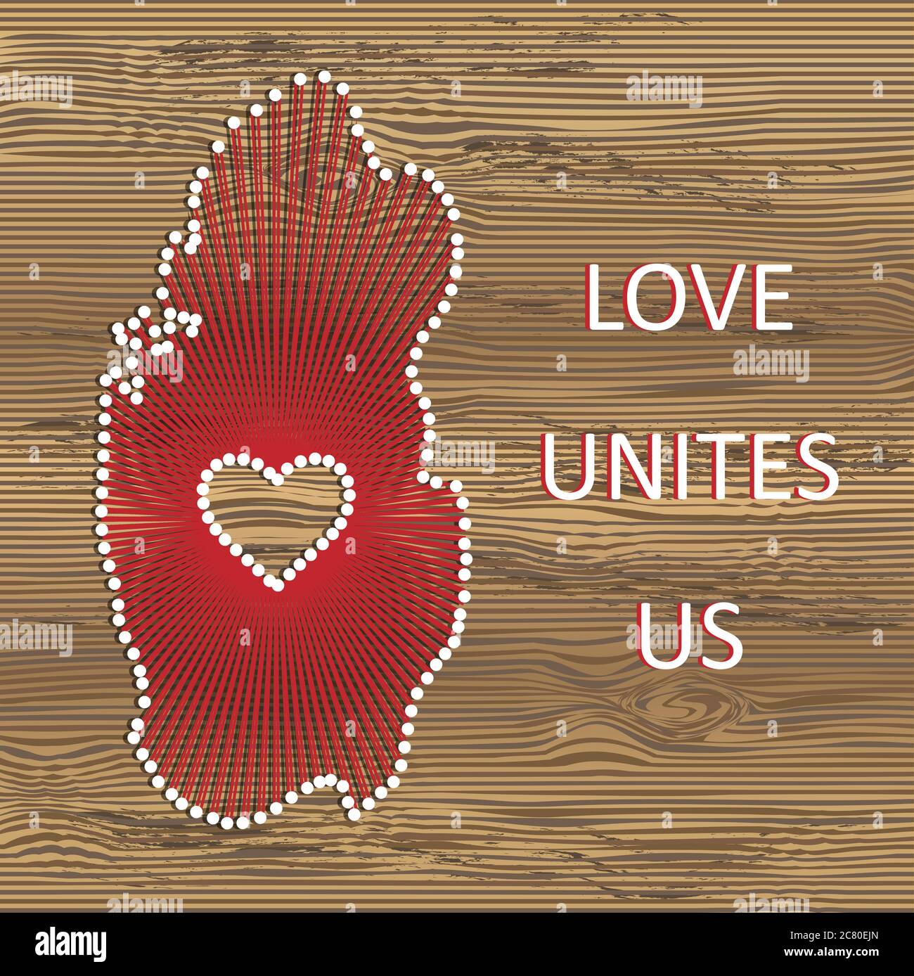 Carte vectorielle d'art du Qatar avec cœur. Ficelle, fil et broches sur texture bois. L'amour nous unit. Message d'amour. Carte d'art du Qatar Illustration de Vecteur