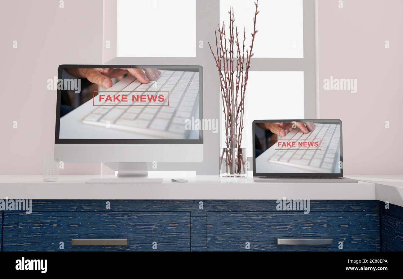 Espace de travail à la maison avec un ordinateur de bureau 3d rendu fausses nouvelles mockup.Modern Web Responsive concept . illustration 3d Banque D'Images