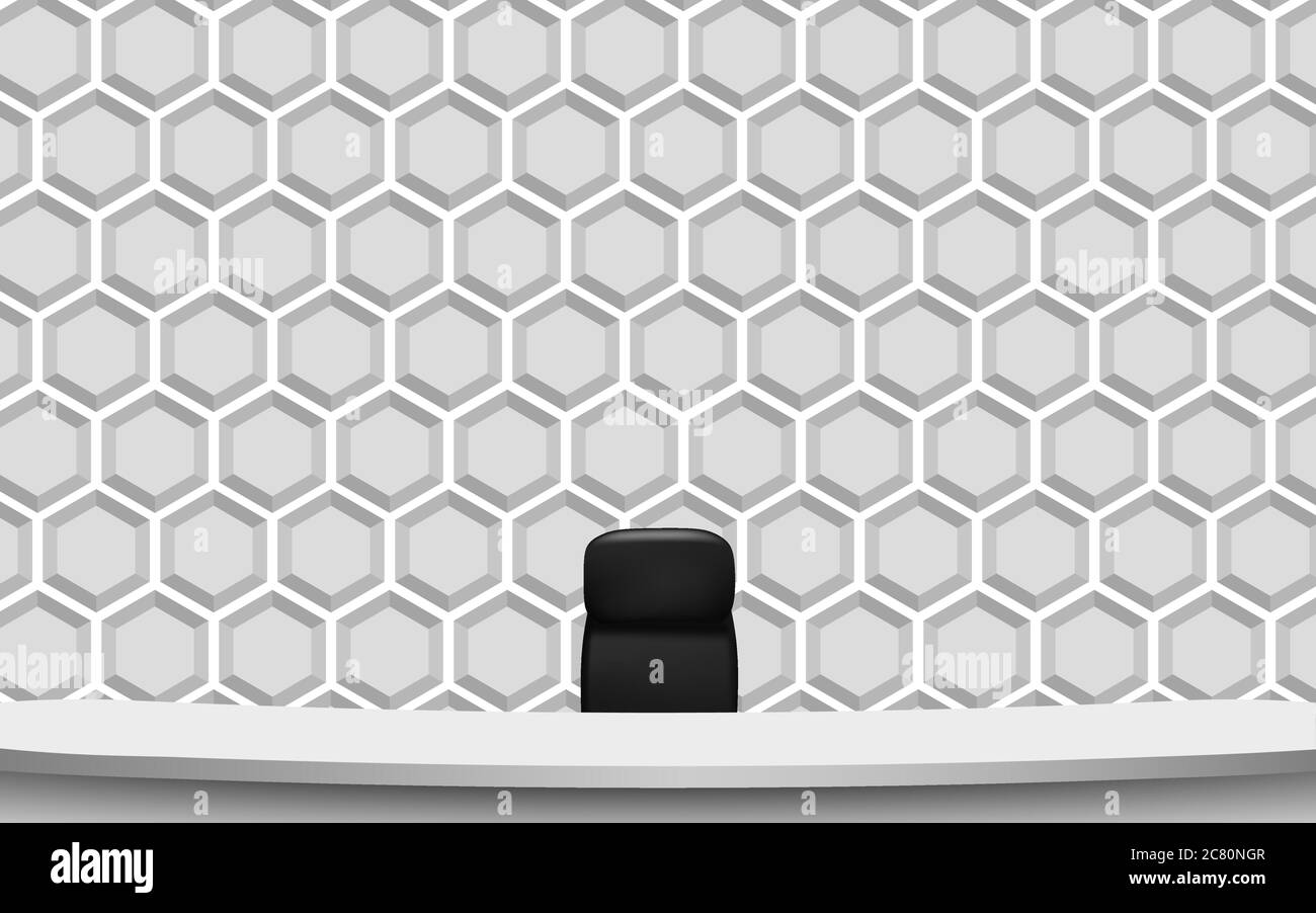 table et chaise blanches avec fond hexagonal blanc dans la salle du studio d'informations Illustration de Vecteur