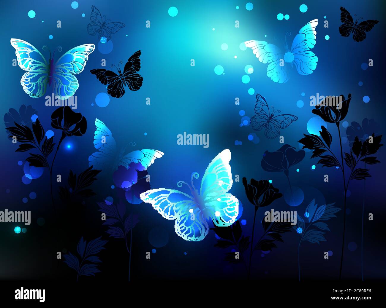 Papillons lumineux et lumineux sur fond bleu, nuit, lumineux avec fleurs silhouettes de plantes sauvages. Illustration de Vecteur
