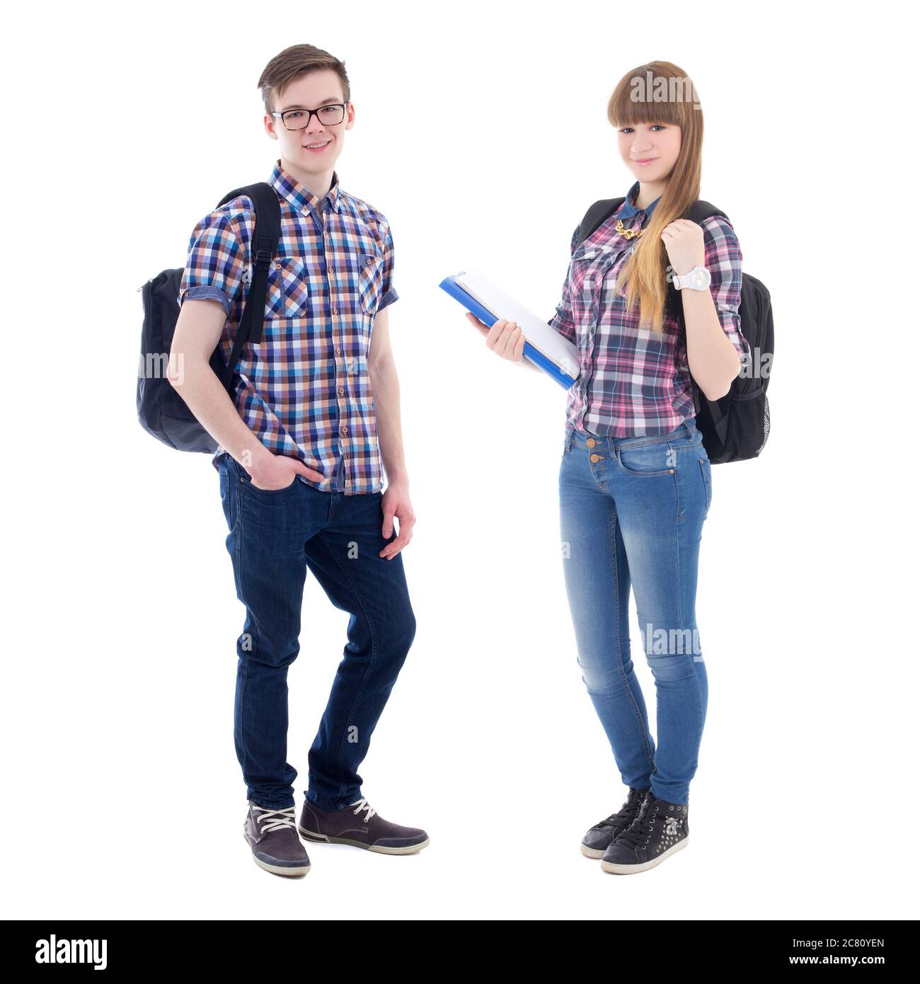 portrait complet des adolescents avec sacs à dos isolés sur fond blanc Banque D'Images