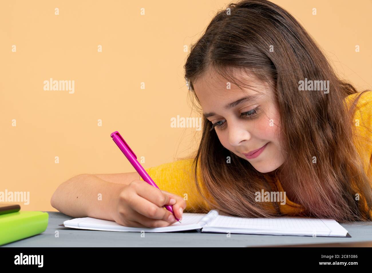Une jeune fille scolaire européenne concentrée étudiant avec des livres se préparant à l'examen de test rédaction essai faire ses devoirs à la maison, l'enseignement étudiant d'adolescence Banque D'Images