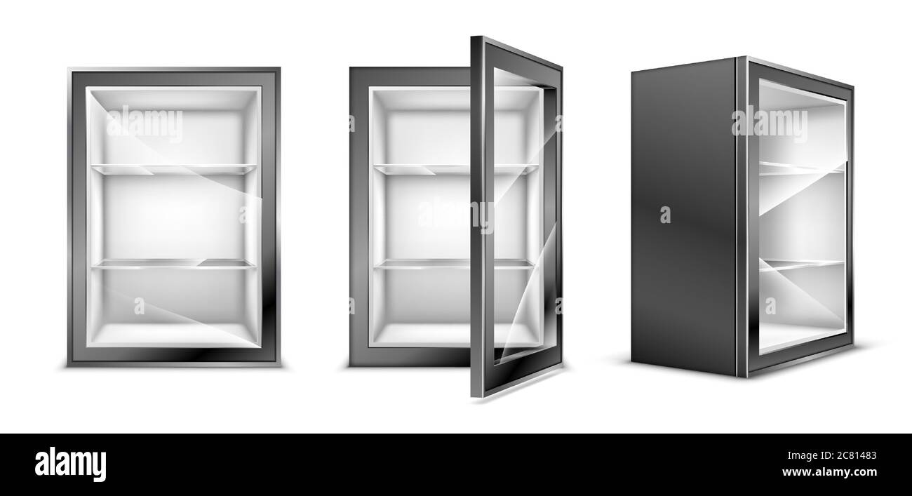Mini-réfrigérateur pour boissons avec porte en verre transparent. Vider le réfrigérateur gris pour les aliments frais ou les boissons dans le supermarché ou la cuisine. Refroidisseur 3D vectoriel moderne réaliste avec vue avant et d'angle des étagères Illustration de Vecteur