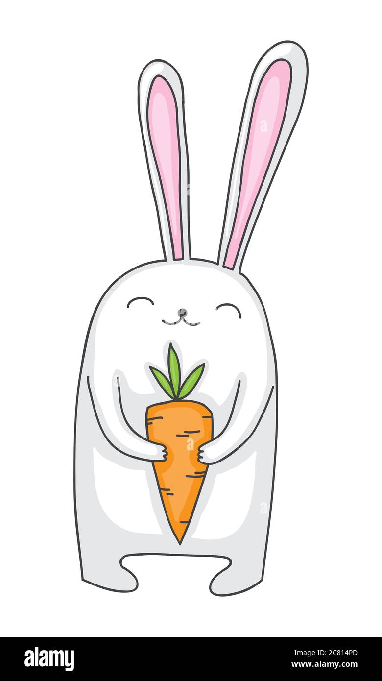 Mignon et heureux à la caricature ou lapin lapin tenant une carotte. Dessin simple, conçu pour les enfants. Banque D'Images