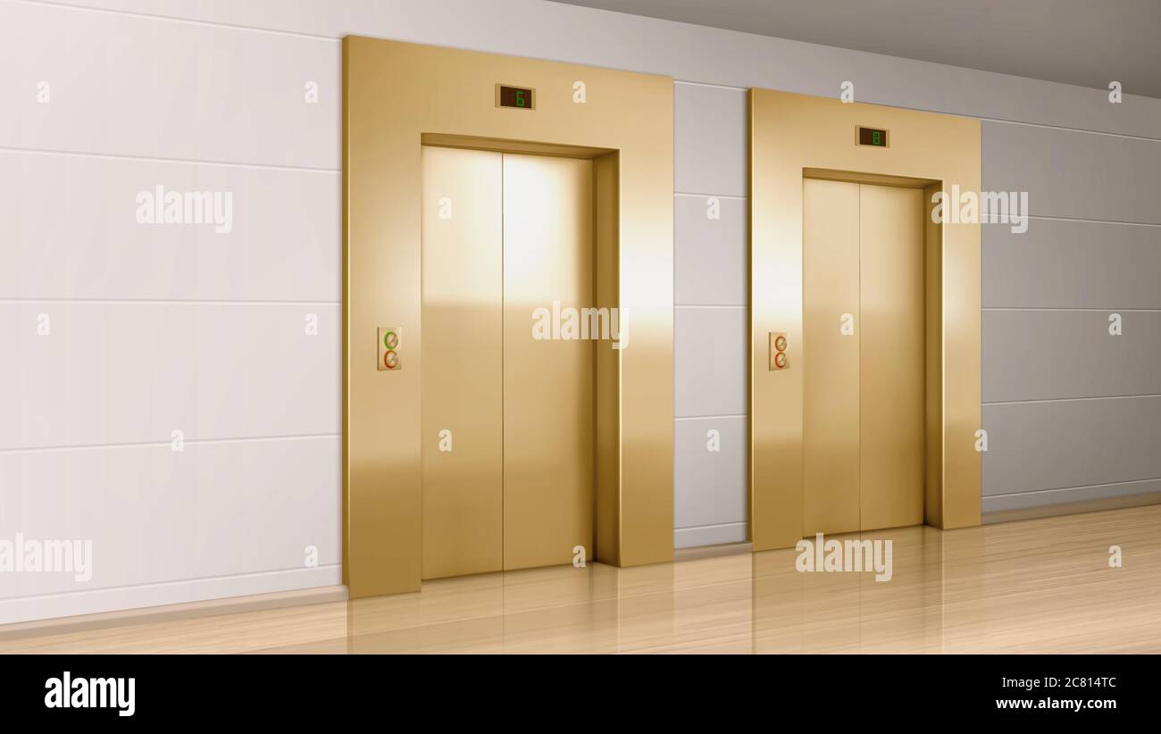 Portes en métal dorées pour ascenseurs, vue sur le couloir. Vector Realistic vide moderne bureau ou l'intérieur de l'hôtel hall avec ascenseur, panneau métallique avec boutons et plancher sur mur Illustration de Vecteur