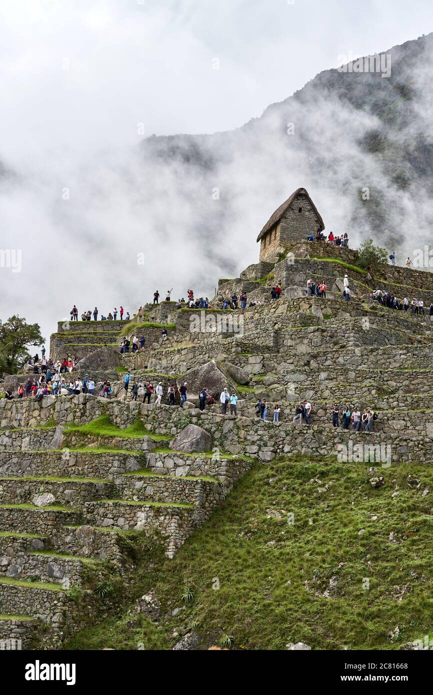 Machu Picchu terrasses dans la brume du matin Banque D'Images