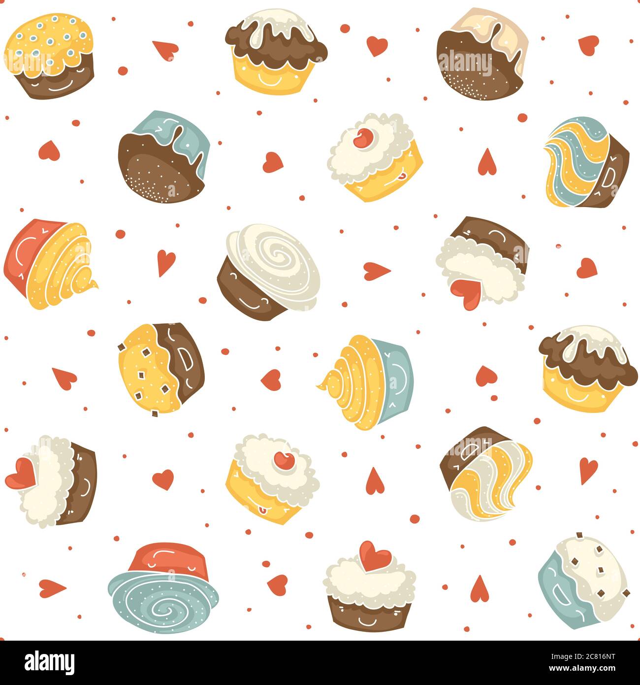 Avec motif transparent style kawaii souriants muffins sur un fond blanc avec des cœurs rouges et des points Banque D'Images