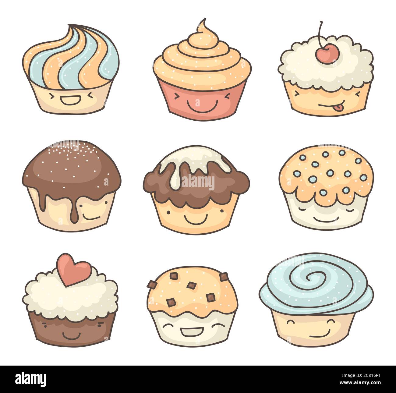 Smiling cupcakes muffins ou dessins enfantins collection. Chacun avec des expressions du visage. Banque D'Images