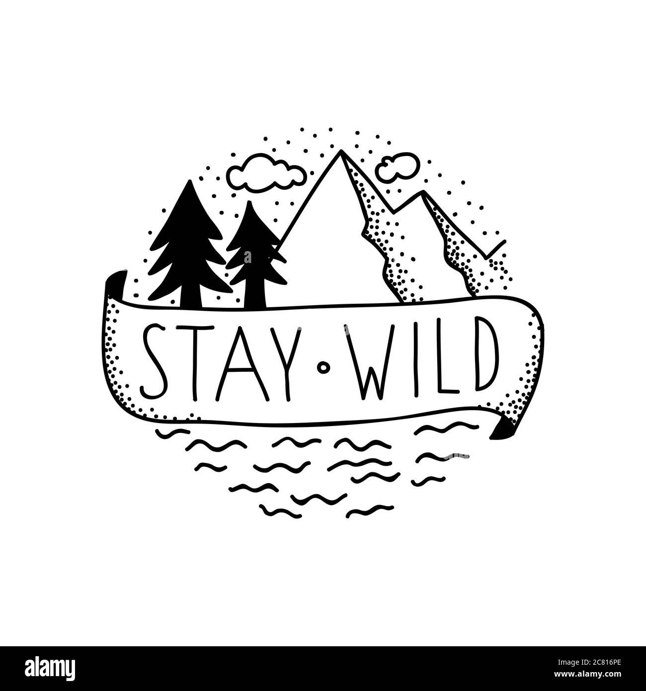 Badge rond mignon avec des paysages de montagne et le texte Stay Wild sur une bannière Banque D'Images