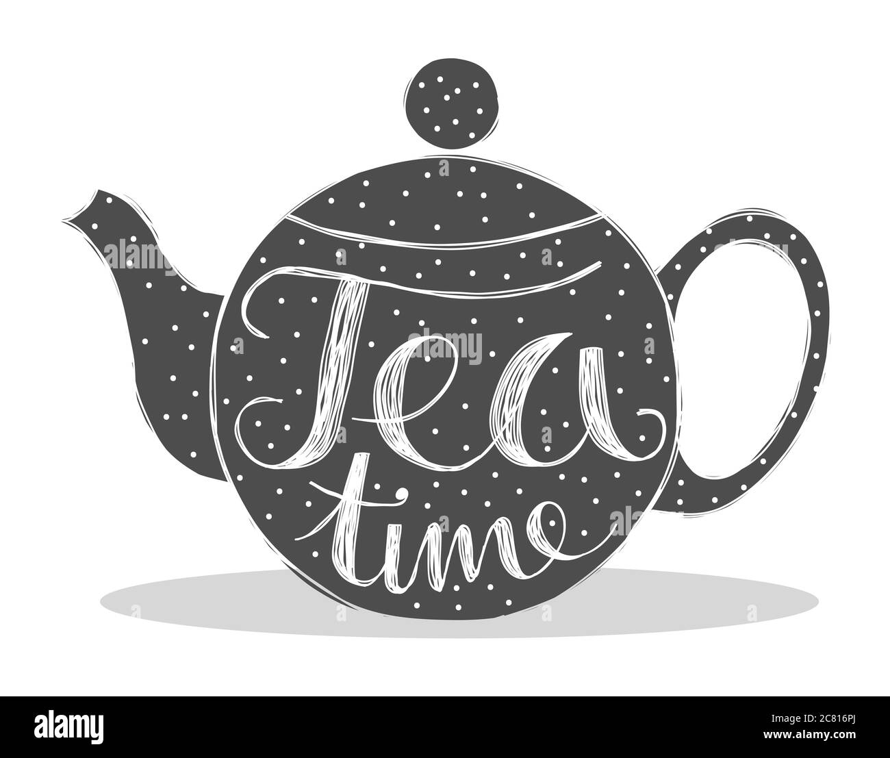 Cute tea pot avec des points et la citer l'heure du thé manuscrite. Banque D'Images