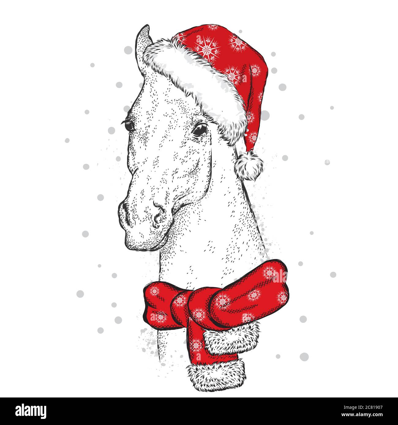 Magnifique cheval dans un chapeau de Noël et une écharpe. Illustration vectorielle pour une 