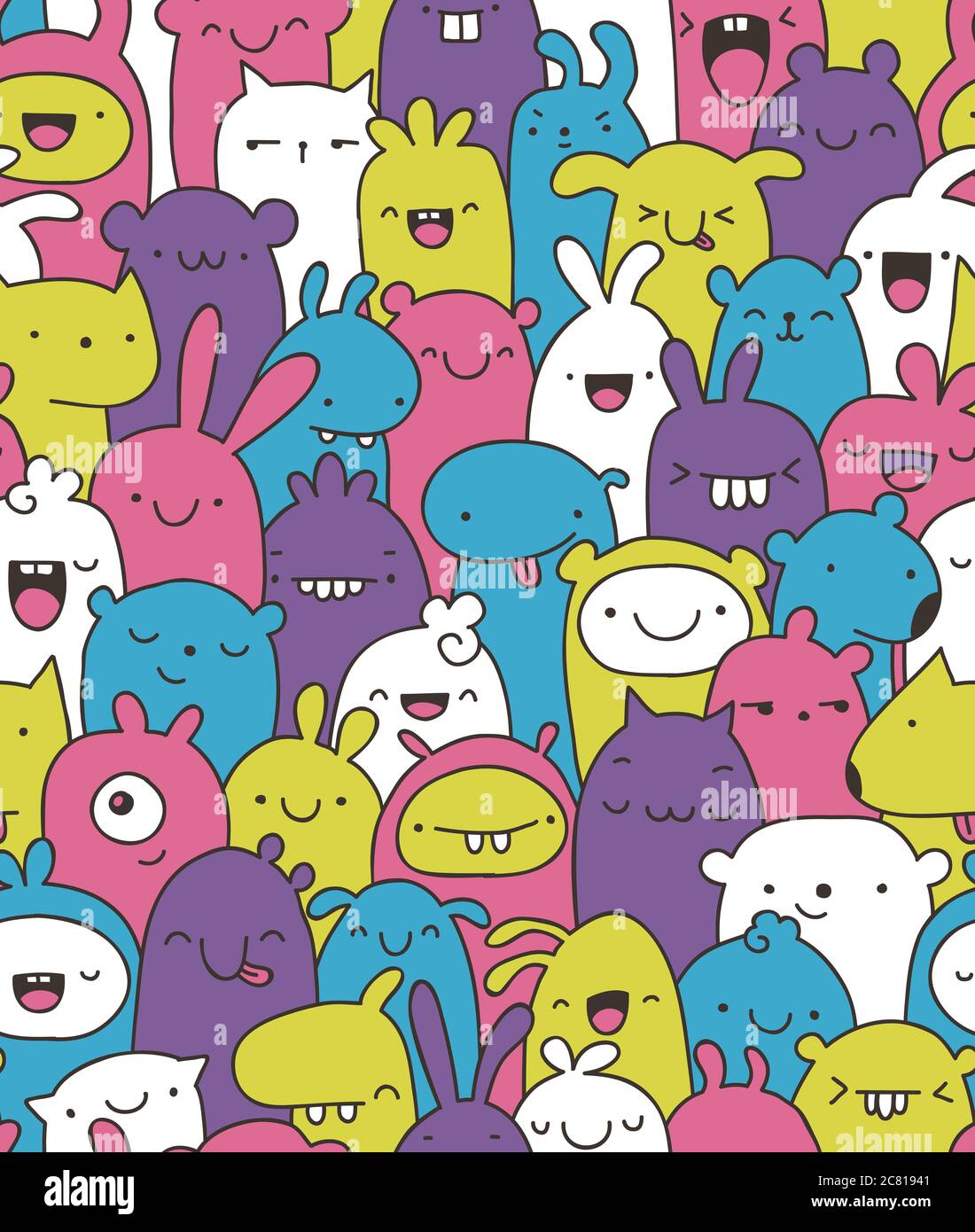 Mignon et coloré amusant motif avec différents personnages imaginaires Banque D'Images