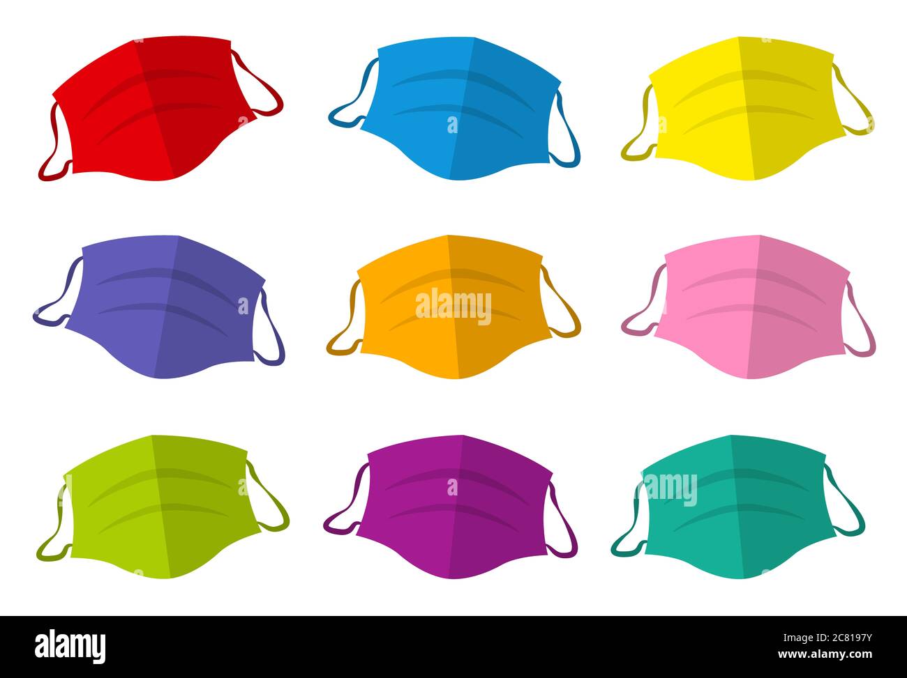 Masques protecteurs colorés, collection de masques médicaux colorés - illustration sur fond blanc. Banque D'Images