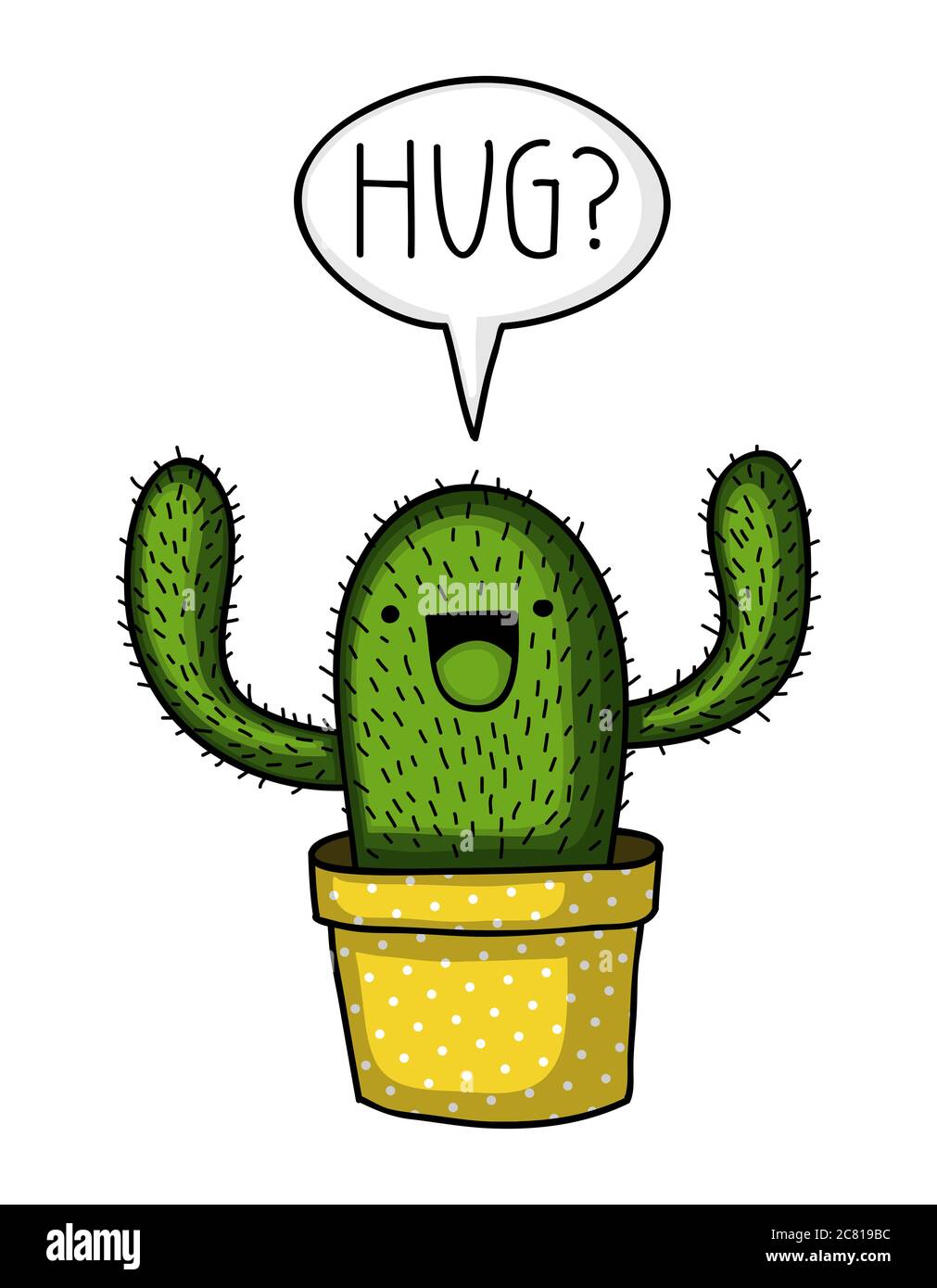 Mignon et drôle style kawaii cactus dans un pot à motifs à pois, demande d'un câlin Banque D'Images
