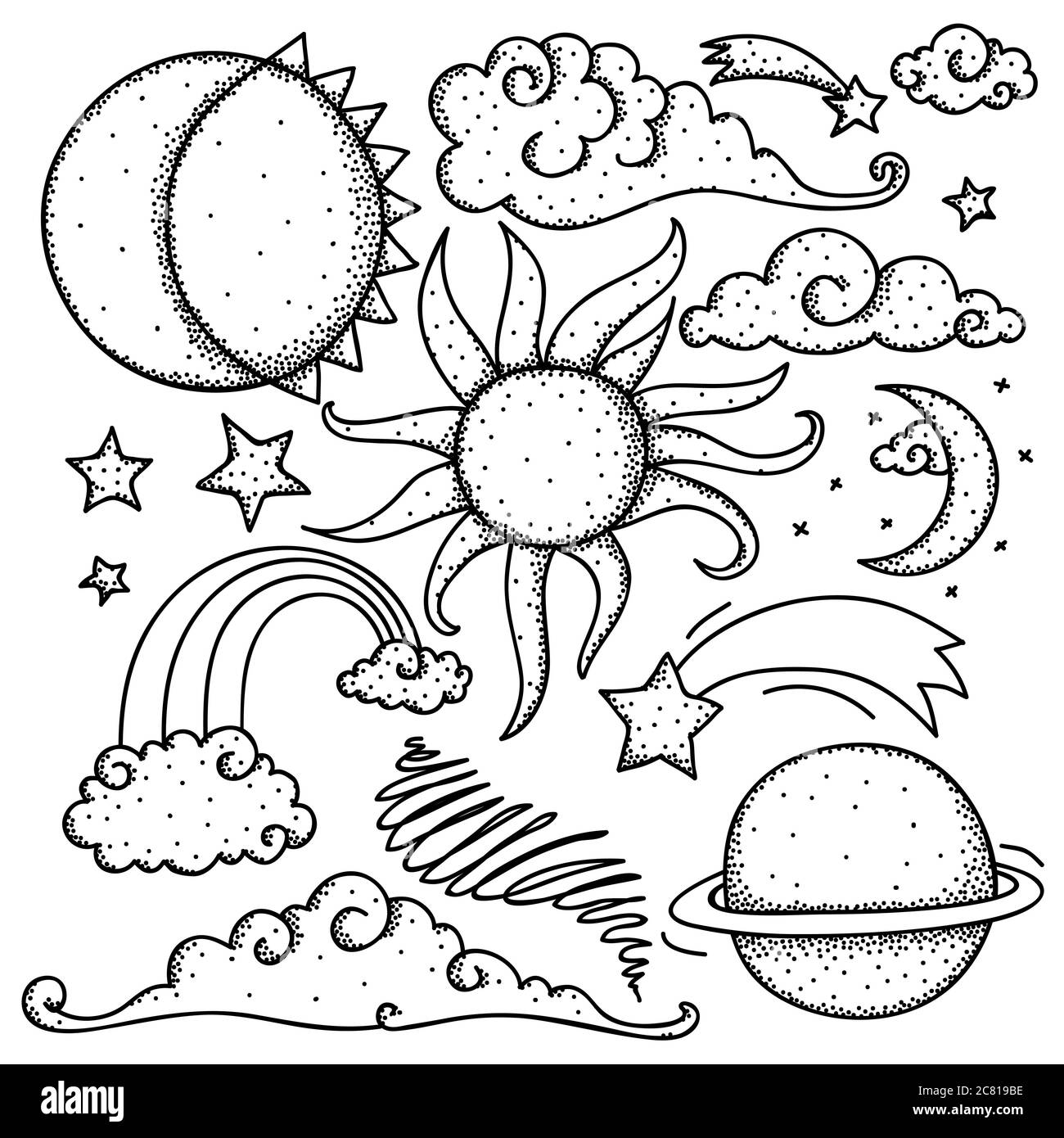 Collection d'éléments célestes, soleil, lune, étoiles, arc-en-ciel et nuages. Banque D'Images