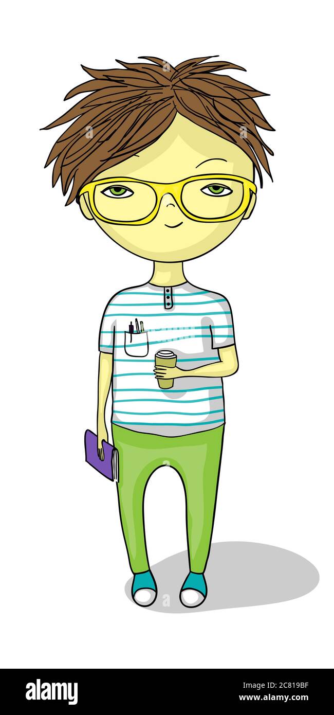 Cute cartoon de hipster kid holding un ordinateur portable et une tasse de café. Les verres peuvent être facilement enlevé. Banque D'Images
