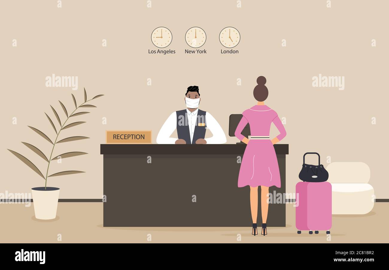 Réceptionniste afro homme dans un masque médical de protection derrière le lieu de travail servir dame dans l'hôtel ou la banque. Intérieur d'un bureau de réception moderne dans la salle d'attente Illustration de Vecteur Réceptionniste afro homme dans un masque médical de protection derrière le lieu de travail servir dame dans l'hôtel ou la banque. Intérieur d'un bureau de réception moderne dans la salle d'attente Illustration de Vecteur