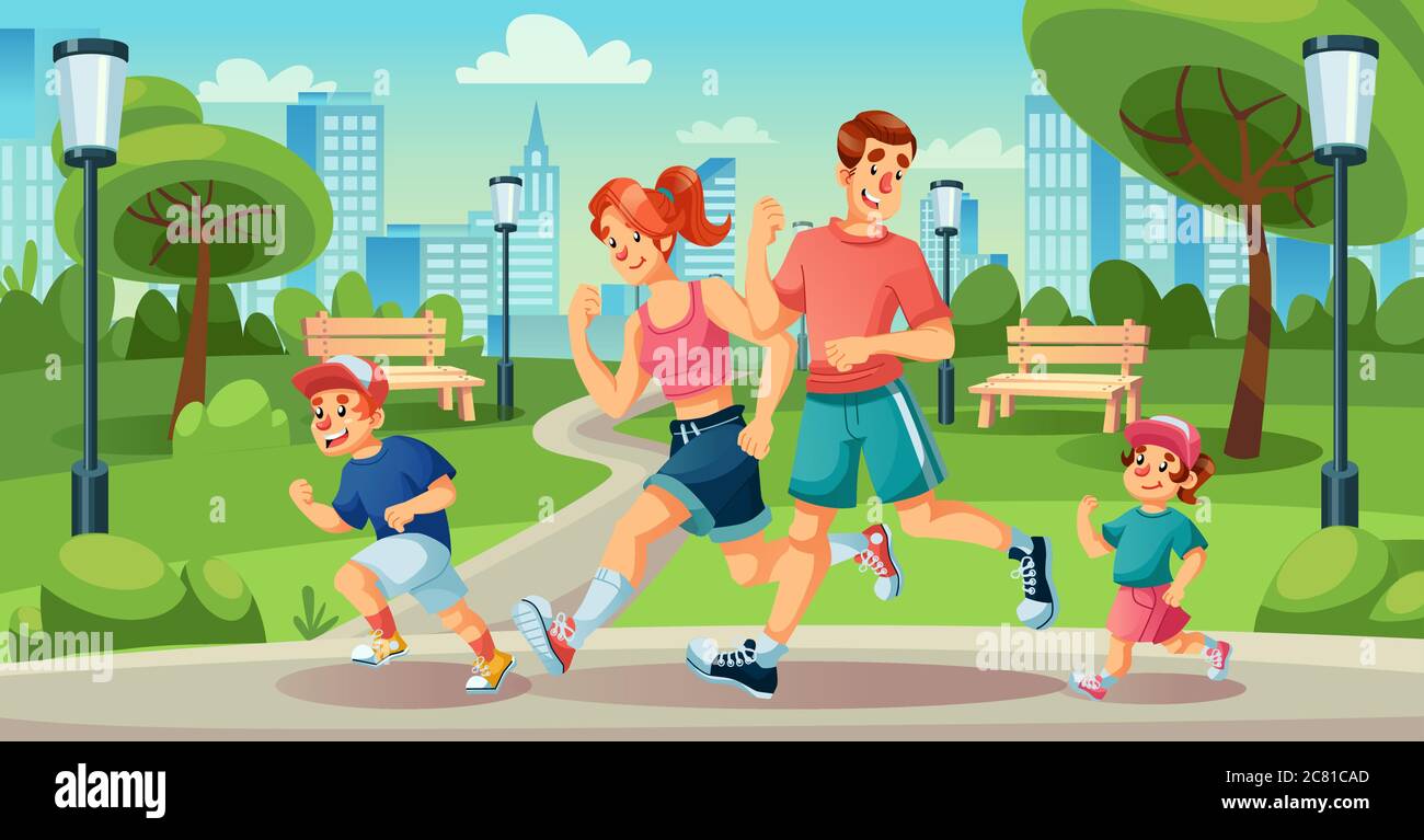 Des enfants en famille qui font du jogging dans le parc de la ville en été Illustration de Vecteur