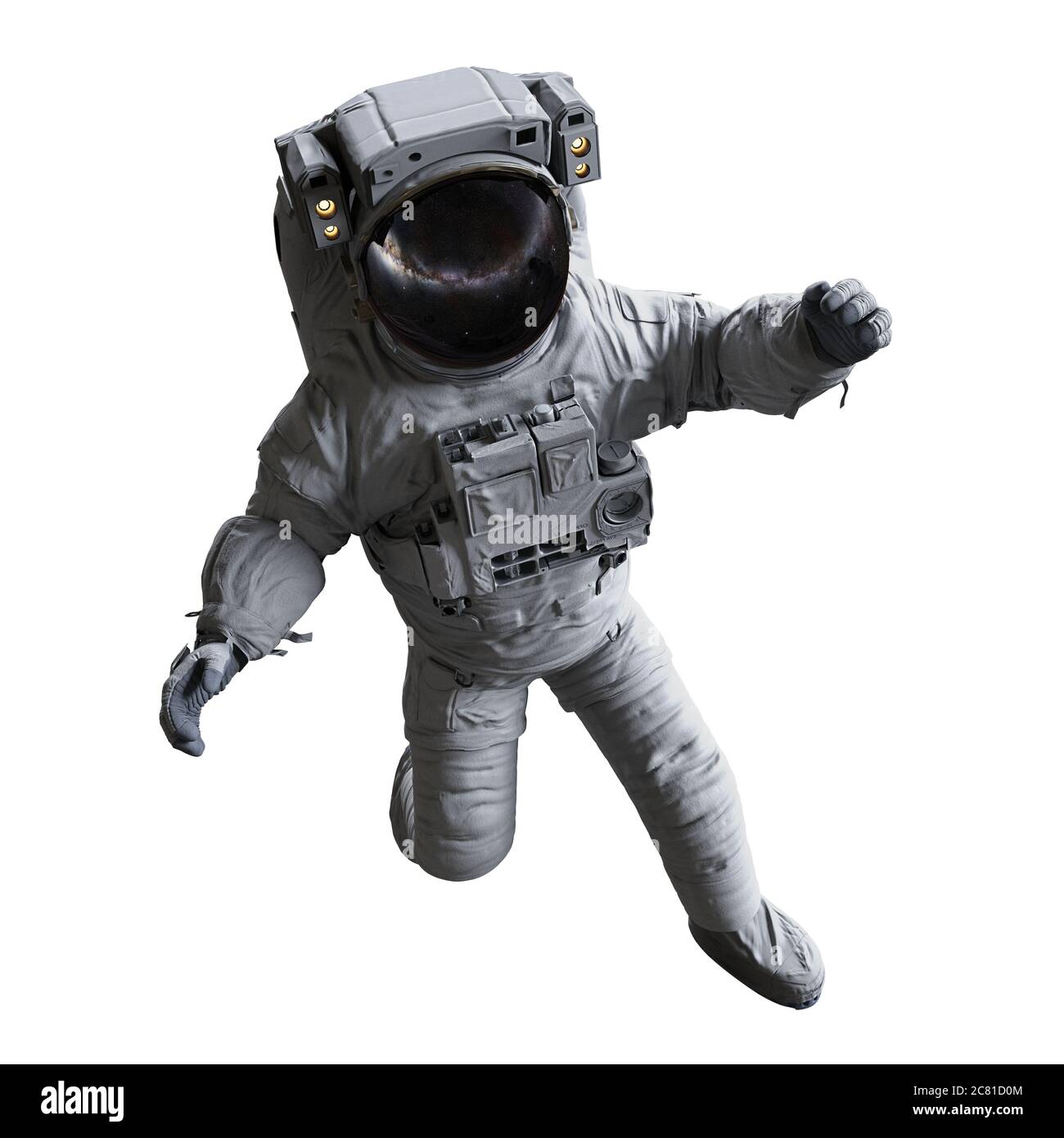 astronaute effectuant une sortie d'espace, isolée sur fond blanc Banque D'Images