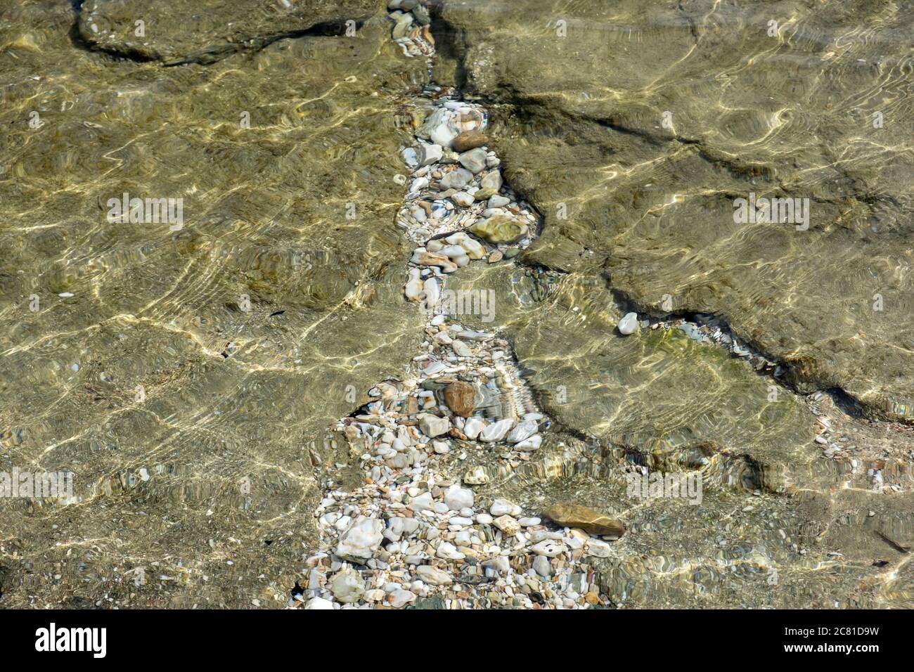 Fond marin texture sous des eaux cristallines claires et peu profondes, vue de dessus. Petits cailloux, sable et roche verte Banque D'Images