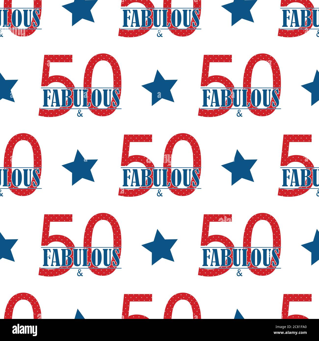Cinquante et fabuleux texte fond de motif vectoriel sans couture. Typographie de style moderne bleu rouge blanc sur fond d'étoiles. Design de style Americana pour Illustration de Vecteur