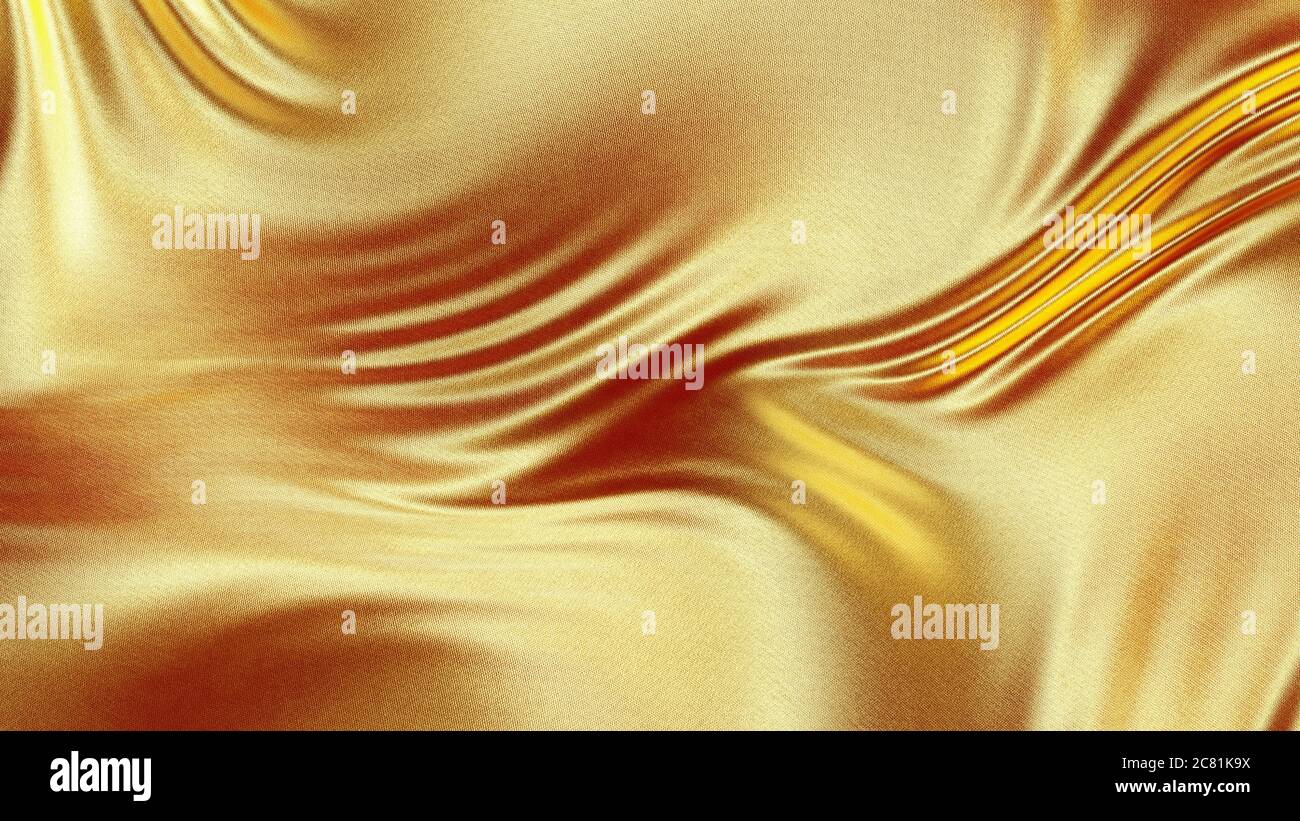 Soie dorée avec fond abstrait vagues. Texture soie de tissu doré. Fond doré. rendu 3d. Banque D'Images