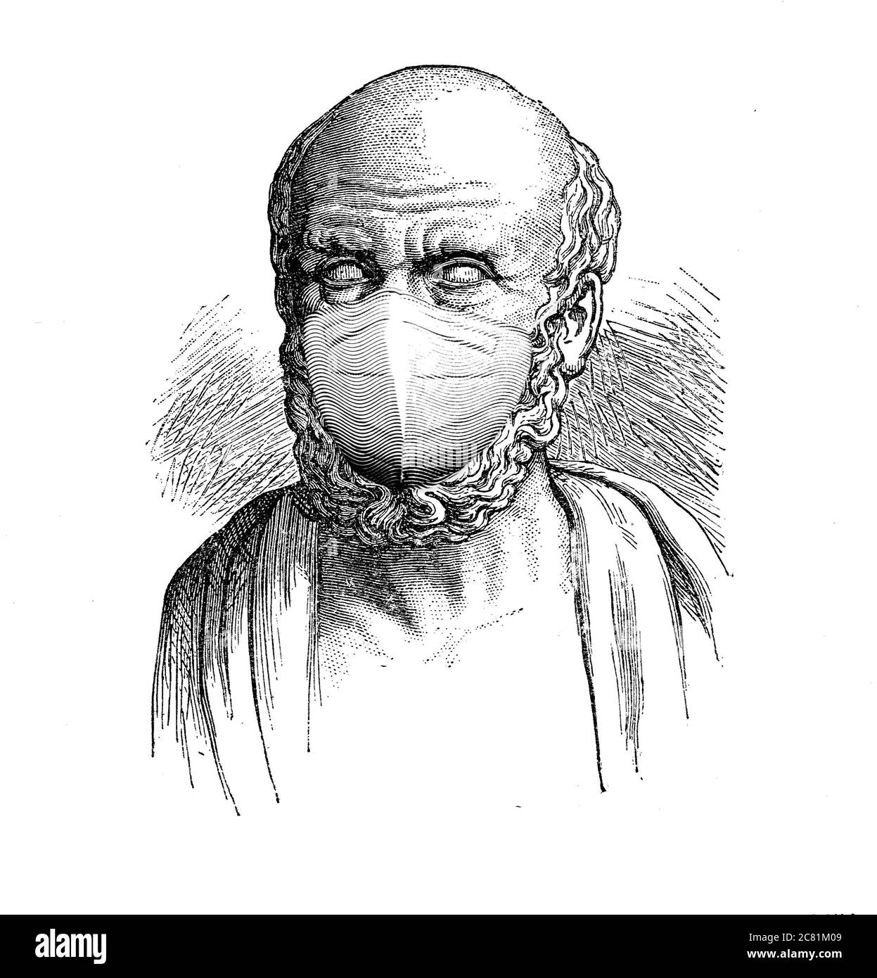 Hippocrate de Kos avec masque de protection COVID, médecin grec figure exceptionnelle de l'histoire de la médecine, fondateur de l'école Hippocrate de Medici Banque D'Images