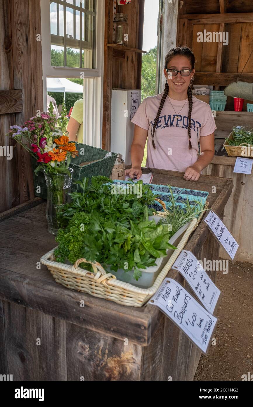 Une jeune femme travaillant dans une ferme à Winchendon, Massachusetts Banque D'Images