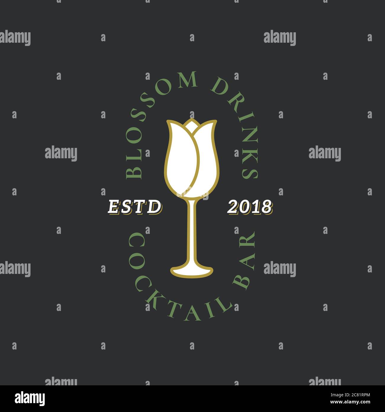 Modèle de symbole, de symbole ou de logo abstrait pour cocktail ou bar à vin. Fleur incorporée dans l'illustration du verre à vin avec typographie élégante. Premium Illustration de Vecteur