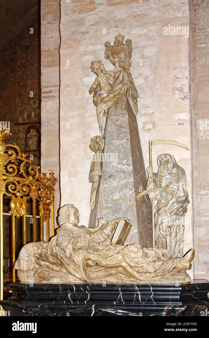 Tombe, Johann Philipp von Walderdorg, archevêque-électeur, sculpture, squelette, ange, homme, cathédrale Saint-Pierre, Dom, catholique, ancien bâtiment religieux, Banque D'Images