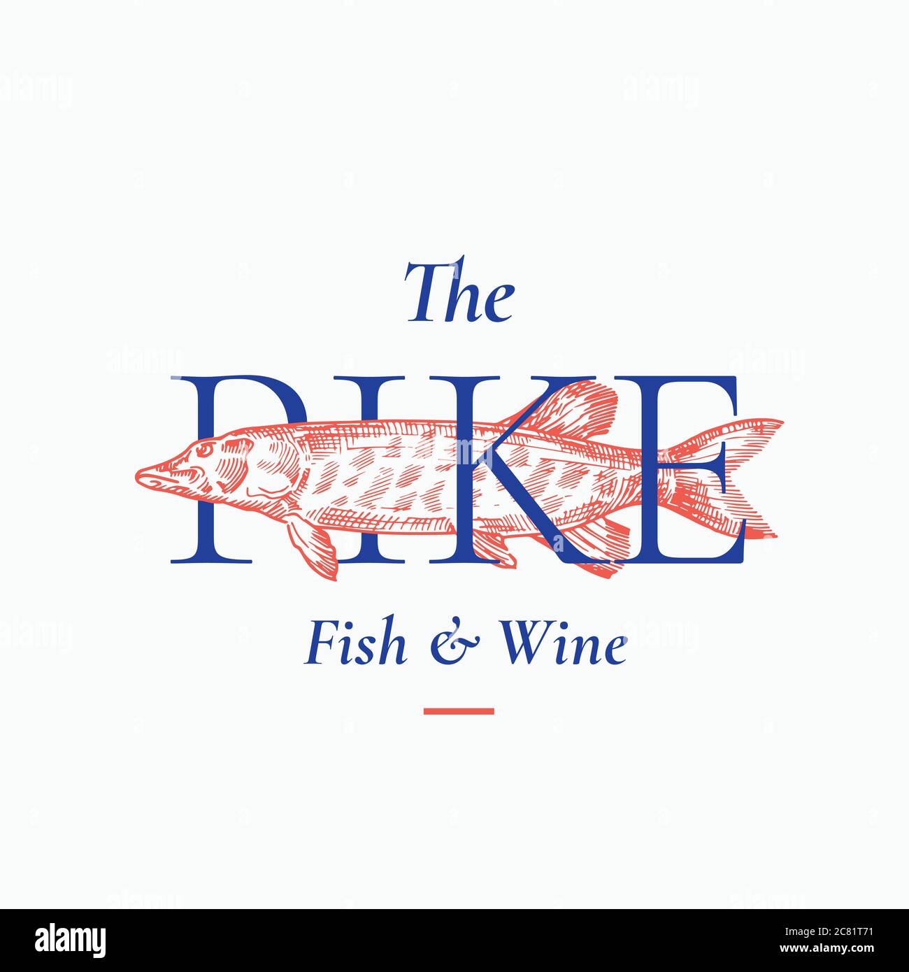 Modèle de symbole, de logo ou de symbole vectoriel de poisson et de vin. Pike Fish dessiné à la main avec Typographie rétro élégante. Emblème Vintage Vector de qualité supérieure. Illustration de Vecteur