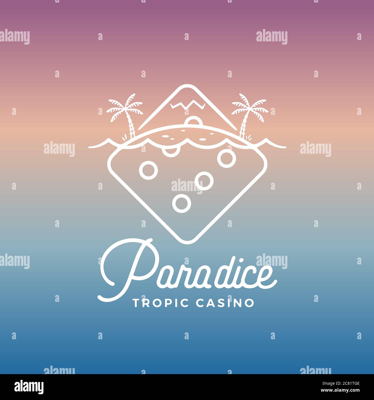 Paradisce Tropic Casino Vector Label, Emblem ou modèle de logo. Line style Tropic Island Incorporated dans le jeu Dice. Concept abstrait. Dégradé Illustration de Vecteur