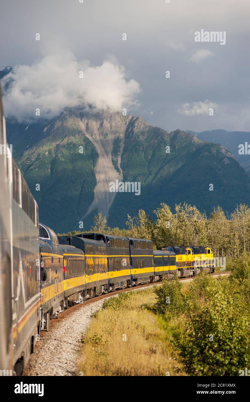 Guides touristiques et gens qui ont suivi le train ferroviaire de l'Alaska sur le chemin du parc national de Denali. Banque D'Images