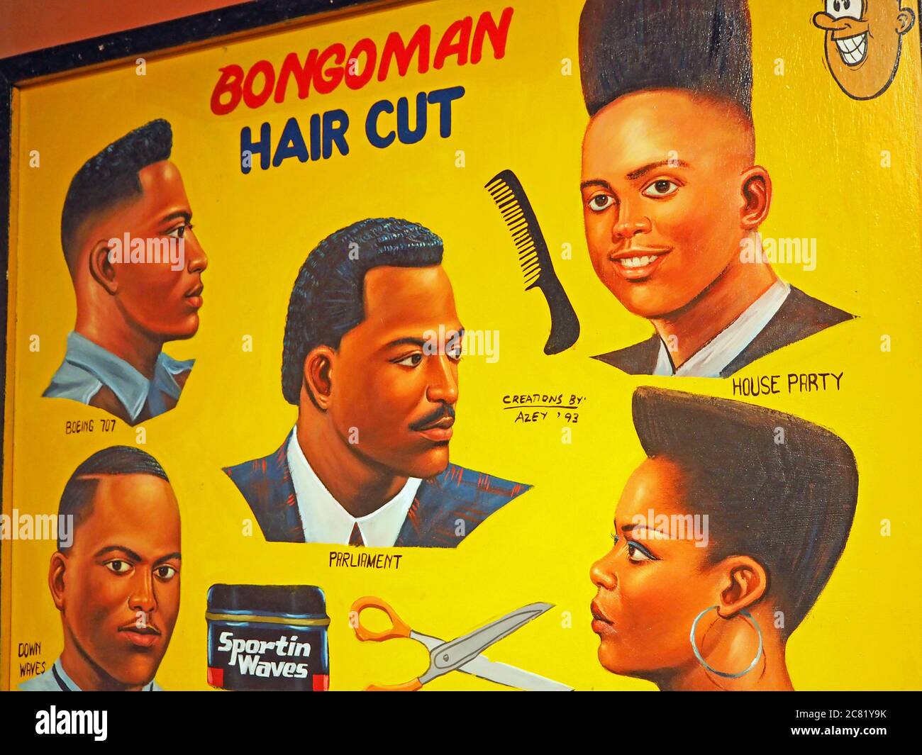 Coupe de cheveux Bongoman, affiche de barbier africaine, Calgary, Alberta, Canada Banque D'Images