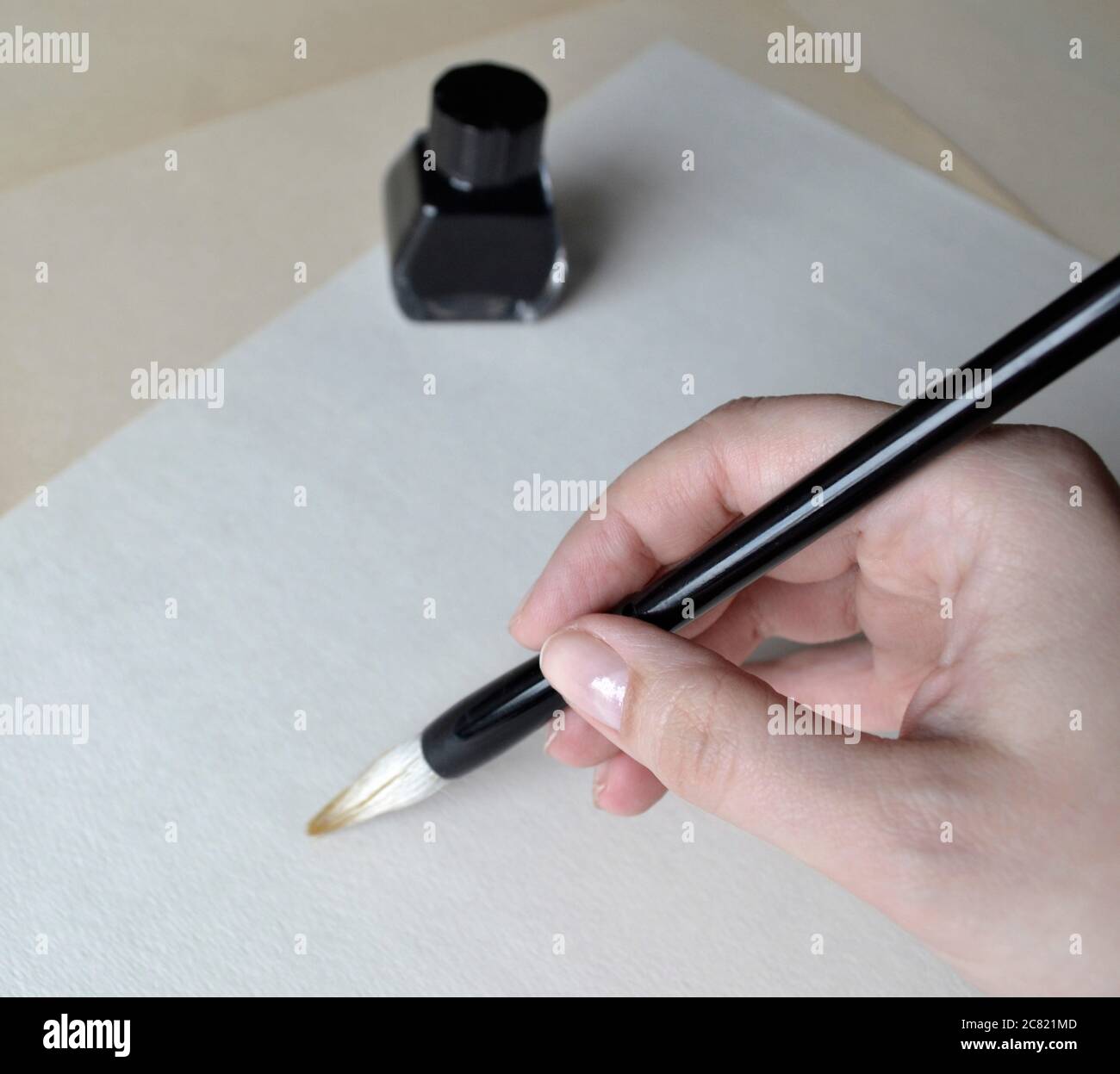 bouteille d'encre avec brosse à la main pour dessiner la peinture chinoise sur blanc Banque D'Images