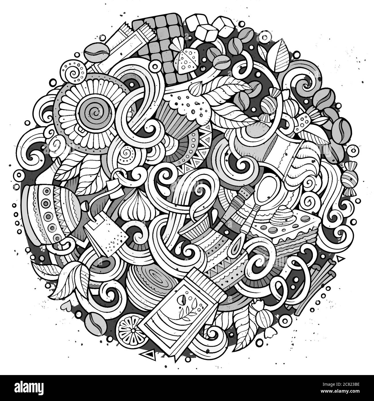 Dessins animés dessinés à la main de la toile de fond du café, café-restaurant Illustration de Vecteur