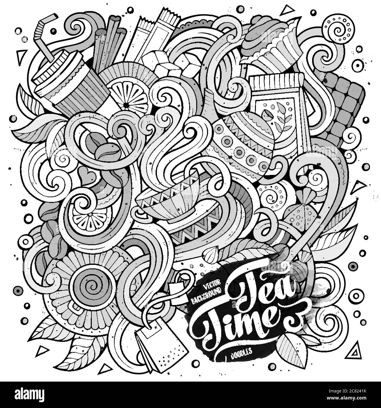 Dessins animés dessinés à la main de la toile de fond du café, café-restaurant Illustration de Vecteur