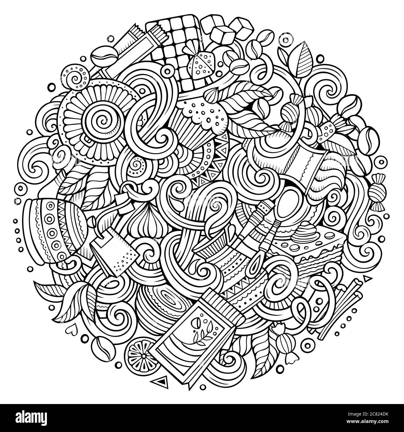 Dessins animés dessinés à la main de la toile de fond du café, café-restaurant Illustration de Vecteur