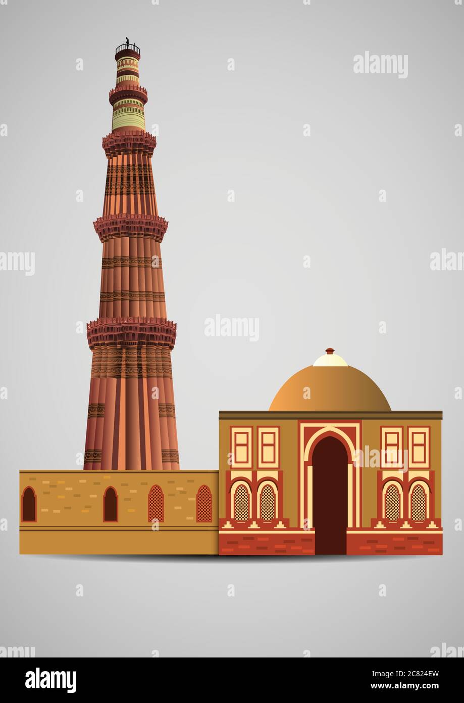 Vue de face de Qutub Minar New Delhi, Inde, le plus haut minaret de l'Inde est une tour en marbre et en grès rouge qui représente le début de la musulmane r Illustration de Vecteur