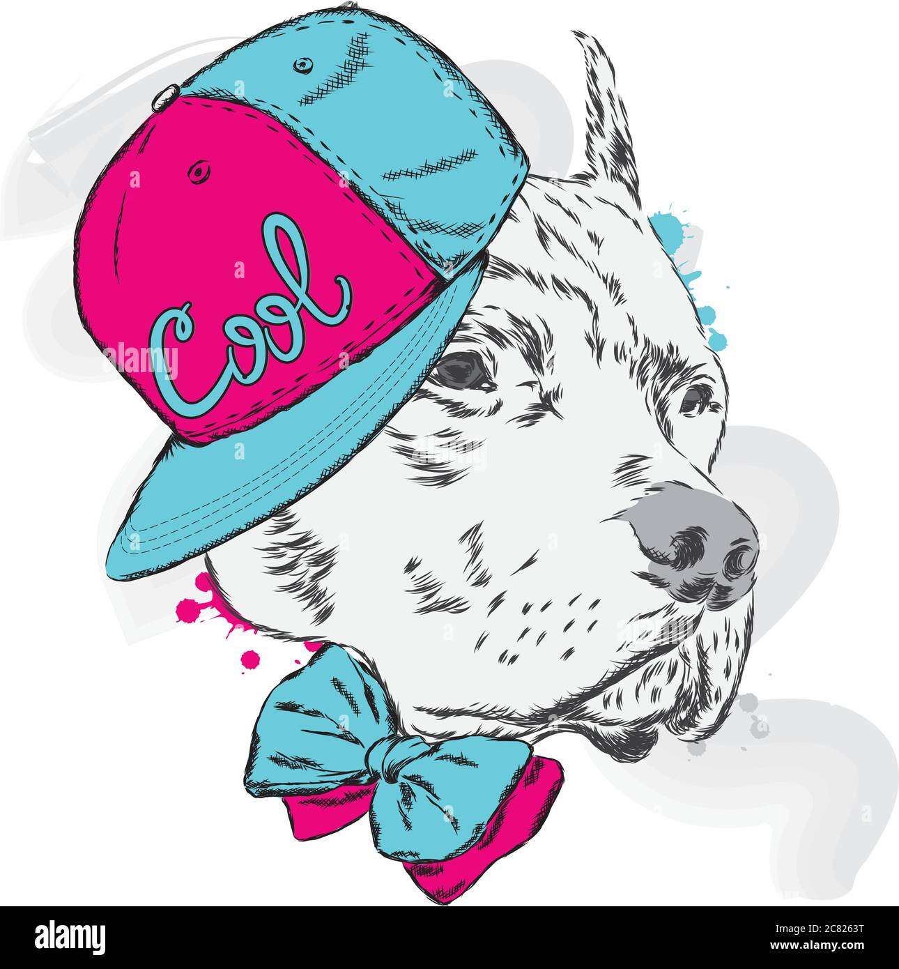 Un beau chien dans un chapeau, des lunettes et une cravate. Illustration vectorielle pour une carte postale ou une affiche, impression pour vêtements. Chiot de race pure. Alabaï ou le Berger Illustration de Vecteur