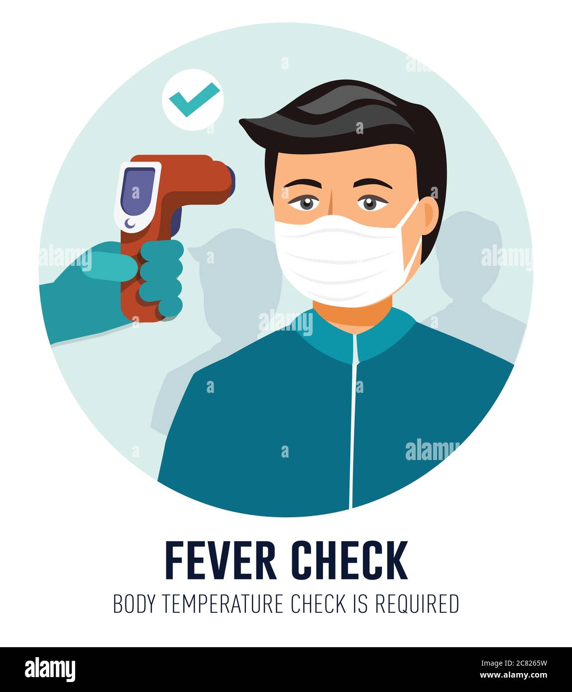Affiche de vérification de la température corporelle. Tenir un thermomètre sans contact à la main. Affiche de vérification de la fièvre. Contrôle de la température corporelle, prévention des coronavirus. Illustration de Vecteur