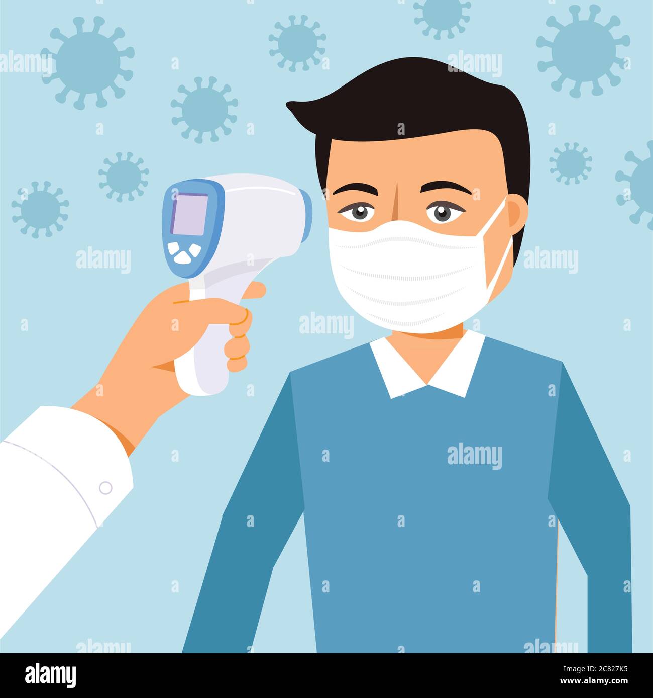 Contrôle de la température corporelle. Médecin tenant un thermomètre sans contact en main. Contrôle de la fièvre. Contrôle de la température de la carrosserie. Prévention du coronavirus. 2019-ncov Illustration de Vecteur