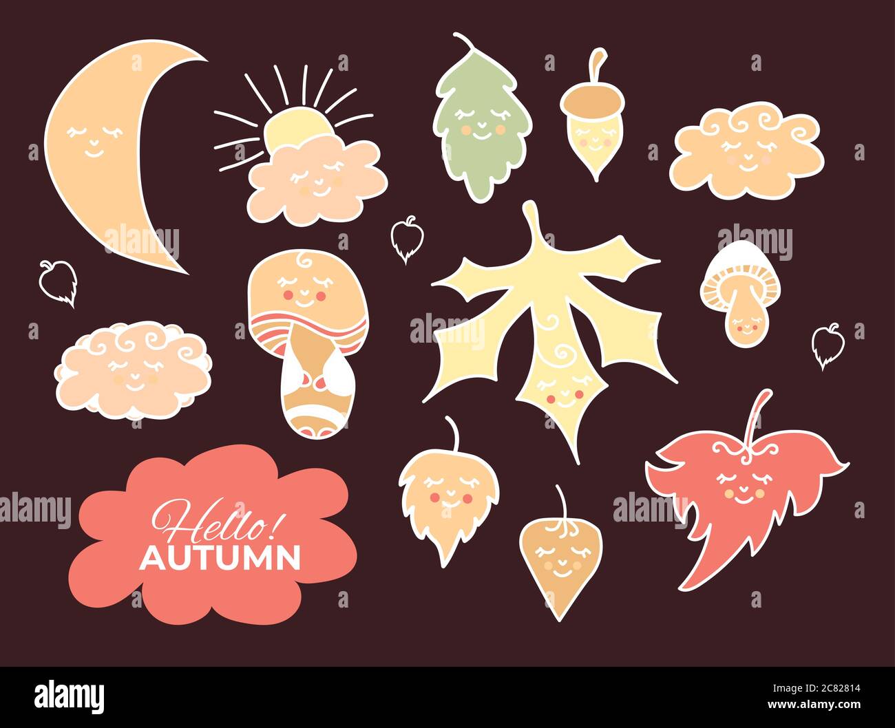 Ensemble vectoriel de dessins d'automne. Contour et couleur - feuilles et champignons divers, glands, lune et nuages avec visages et yeux mignons fermés. Utilisez pour Illustration de Vecteur