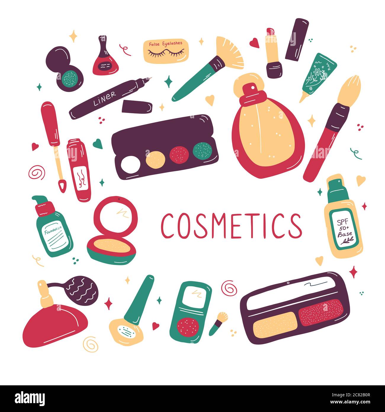 Collection de kits professionnels pour maquilleur et salon de beauté. Arrière-plan de l'esquisse de beauté. Illustration de la mode et de la cosmétique. Un plat à la main Illustration de Vecteur