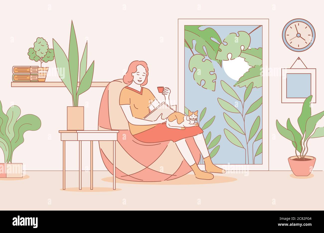 Femme souriante assise dans un fauteuil confortable avec une tasse de café et chat animal et lisant un livre dans appartements vector dessin animé illustration du contour. Week-end de détente, passer du temps à la maison concept. Illustration de Vecteur